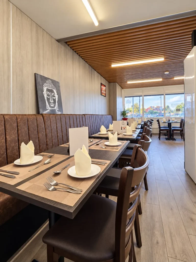 Booth seating and set tables in the Namaste Gurkha dining room, Birchwood, Lincoln